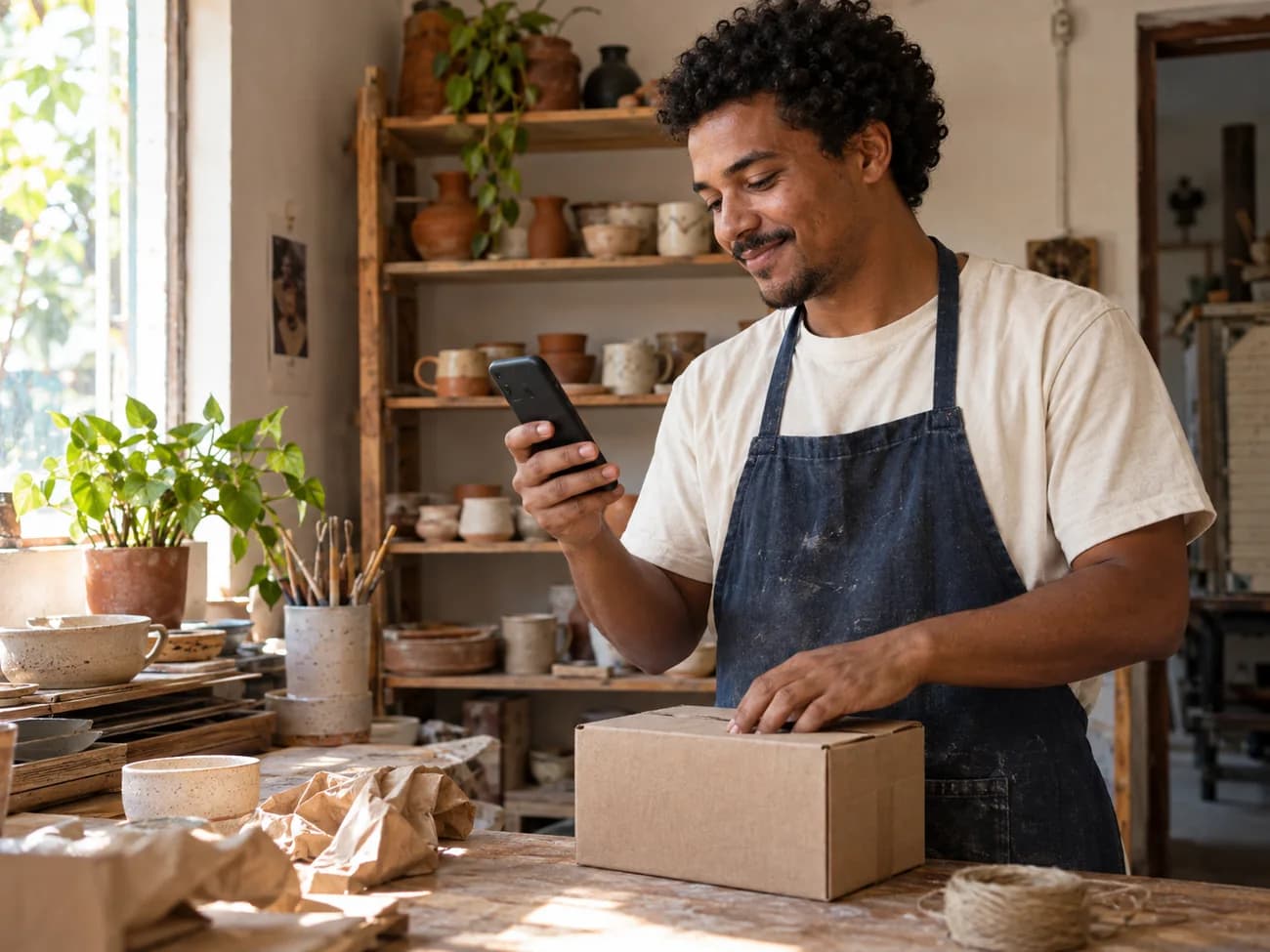 Ceramista atendendo pelo celular enquanto embala uma peça em seu ateliê