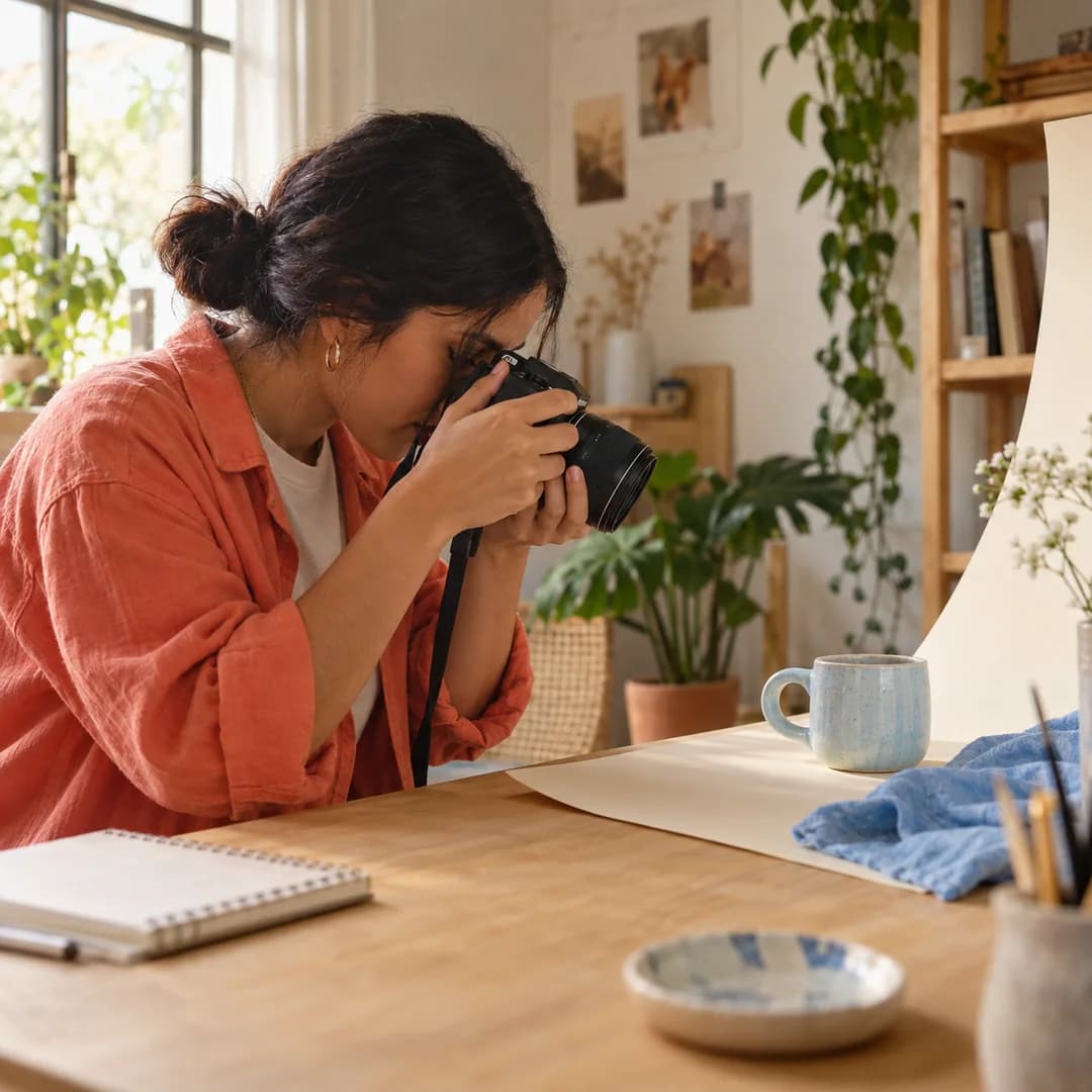 Criadora fotografando uma caneca artesanal em um cenário de produto no estúdio