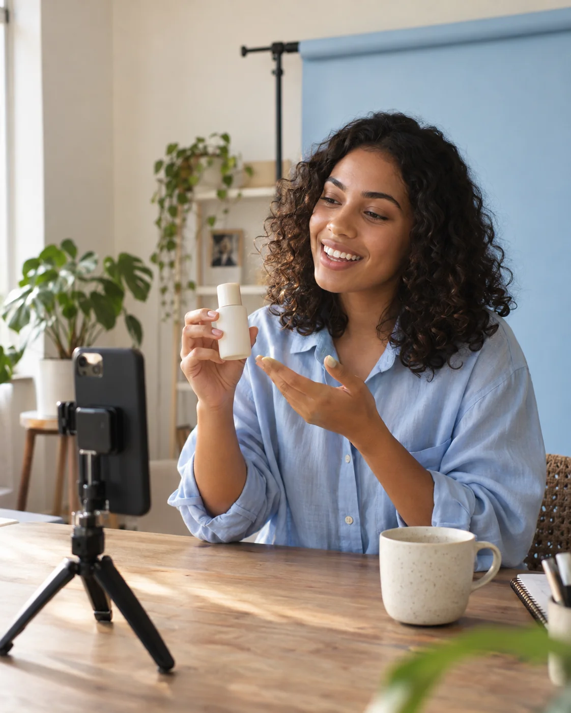 Criadora UGC gravando um vídeo de produto com um celular no tripé, em seu estúdio